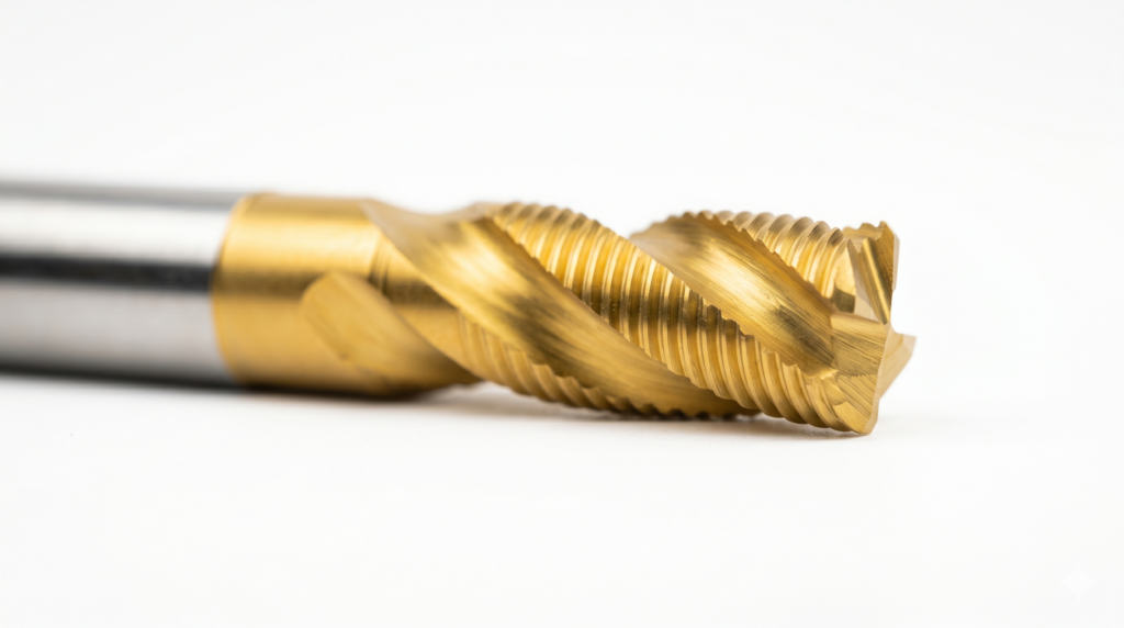 Solid carbide dovetail end mill with tapered cutting head that widens toward the tip, used for producing angled undercut walls.