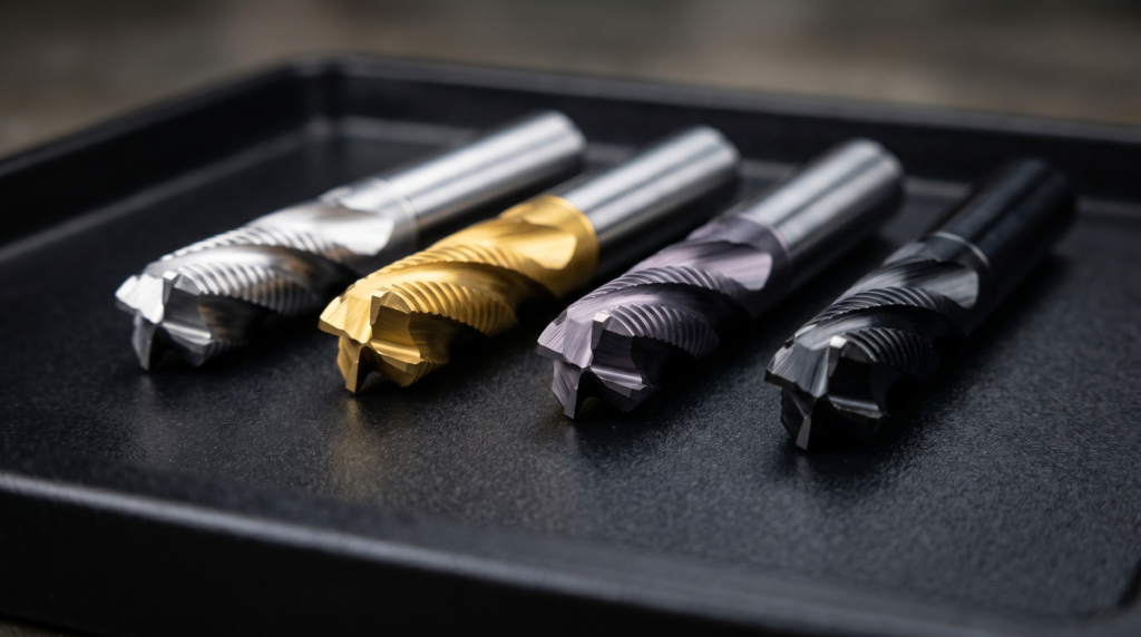 Solid carbide end mills laid in a row on a matte black surface, each with a different coatings.