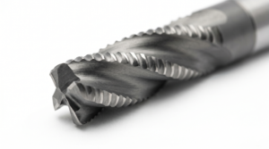 Solid carbide roughing end mill with serrated chip-breaking profile along the cutting edges.