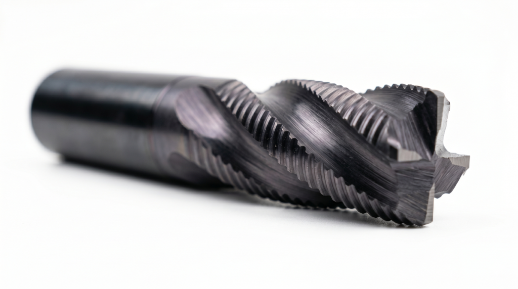 Solid carbide roughing end mill with serrated chip-breaking profile along the peripheral flute edges.