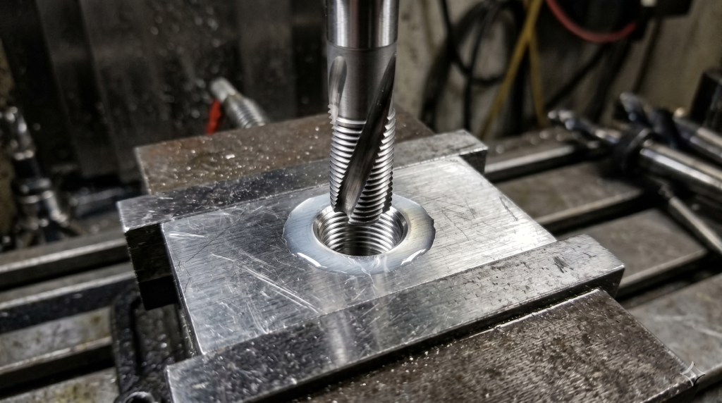 A close-up of a solid carbide thread mill entering a blind hole in a stainless steel part