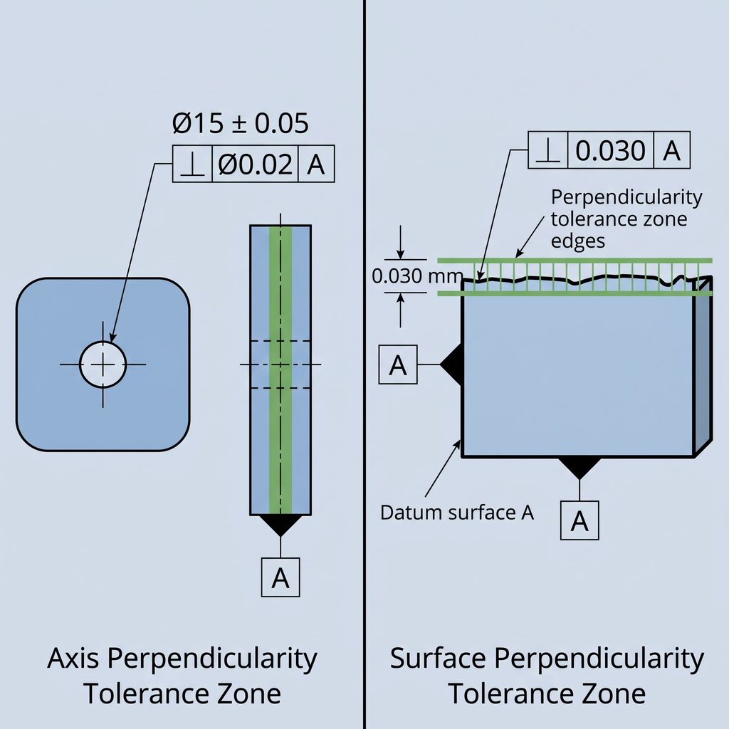 Diagram comparing a cylindrical axis perpendicularity tolerance zone against a parallel-plane surface perpendicularity tolerance zone.