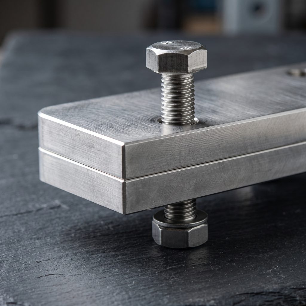 Two machined steel plates joined by a bolt and nut, with the fastener perpendicular to both mating surfaces.