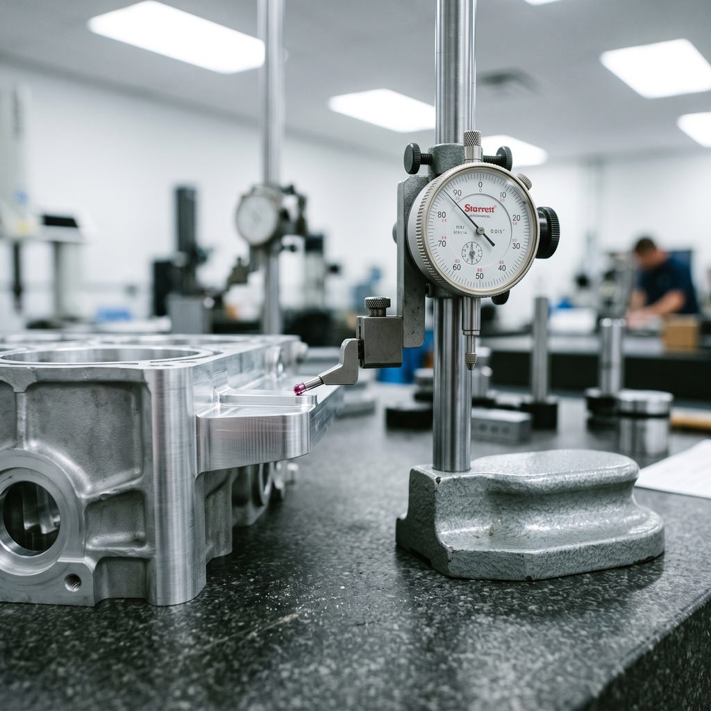 Dial indicator mounted on a stand measuring a machined aluminum engine block component on a granite surface plate.