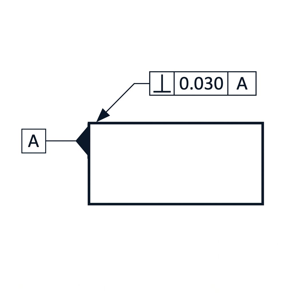 GD&T feature control frame showing a perpendicularity symbol, 0.030 mm tolerance, and datum reference A, leading to a rectangular part.
