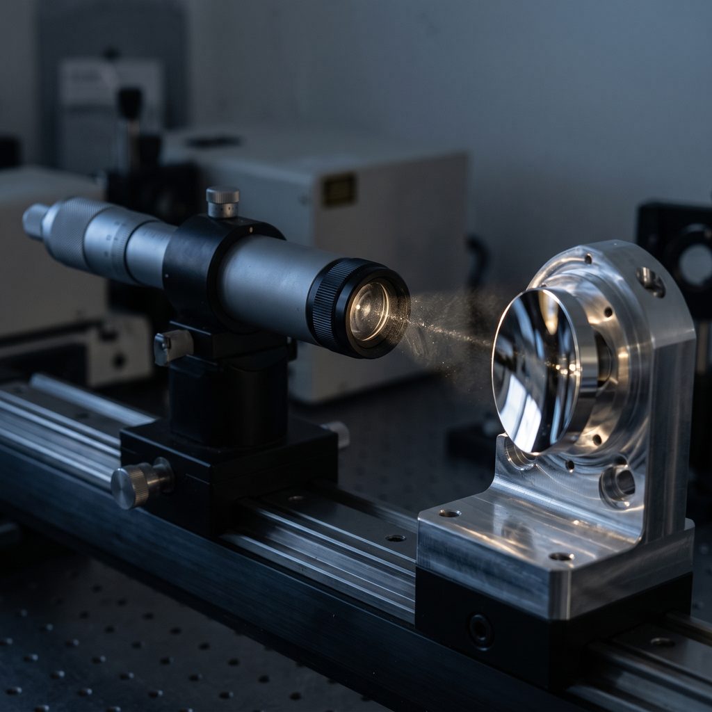 Optical measurement setup with a light beam projected onto a polished machined component for high-precision angle inspection.