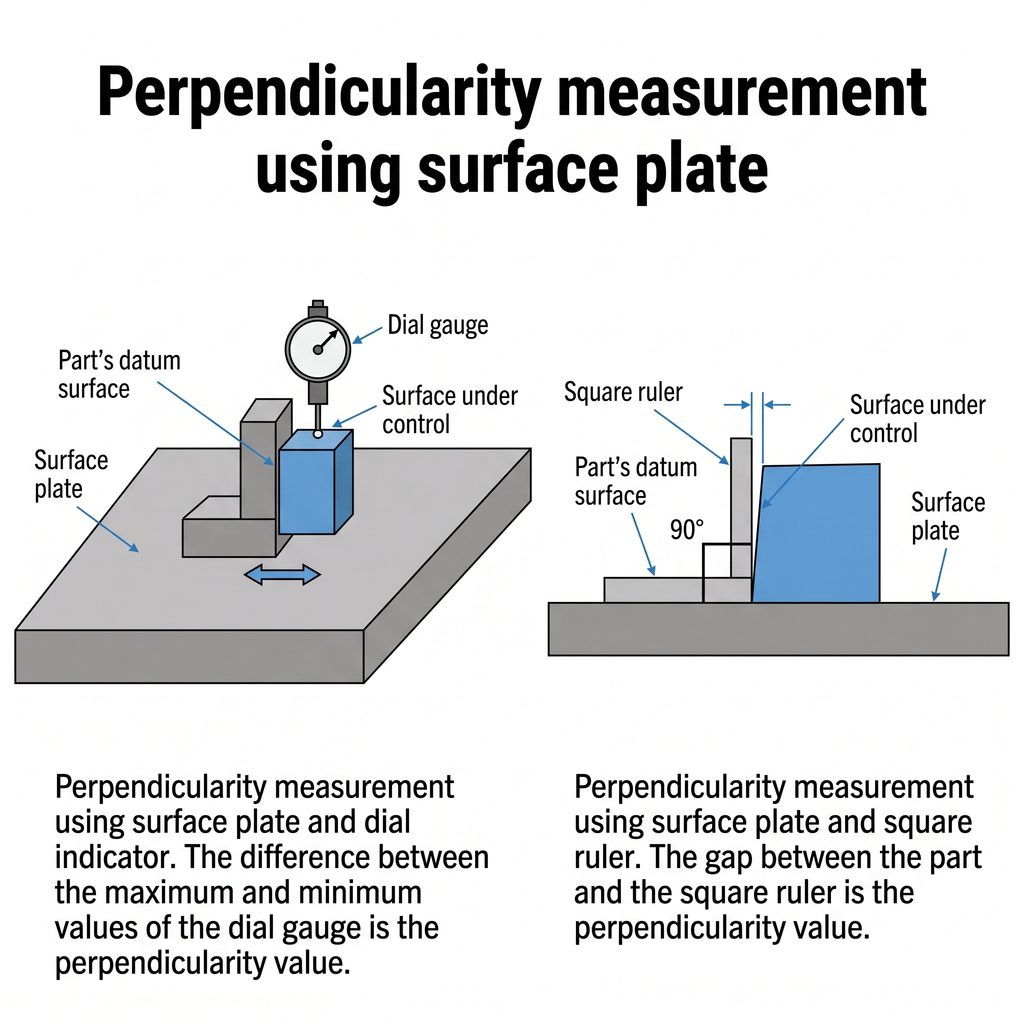 Two surface plate measurement setups for perpendicularity, one using a dial indicator and one using a square ruler.