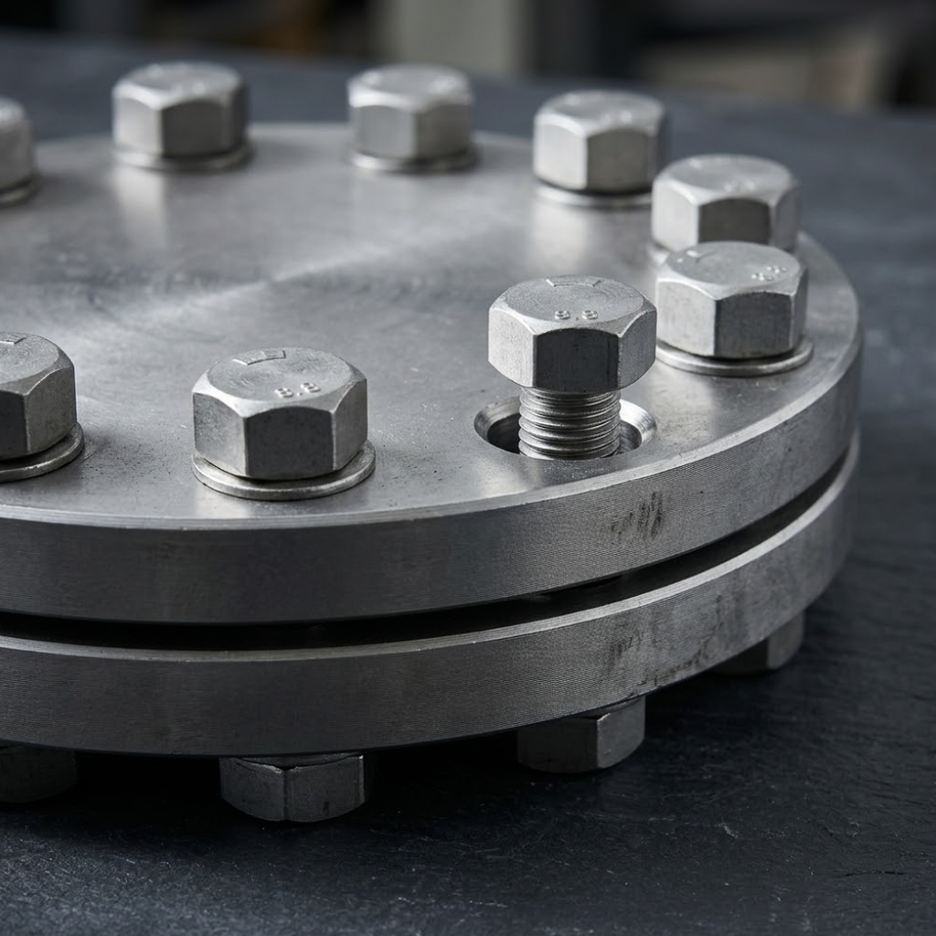 Close-up of a bolted flange joint with multiple fasteners, one bolt loosened to show thread and clearance detail.