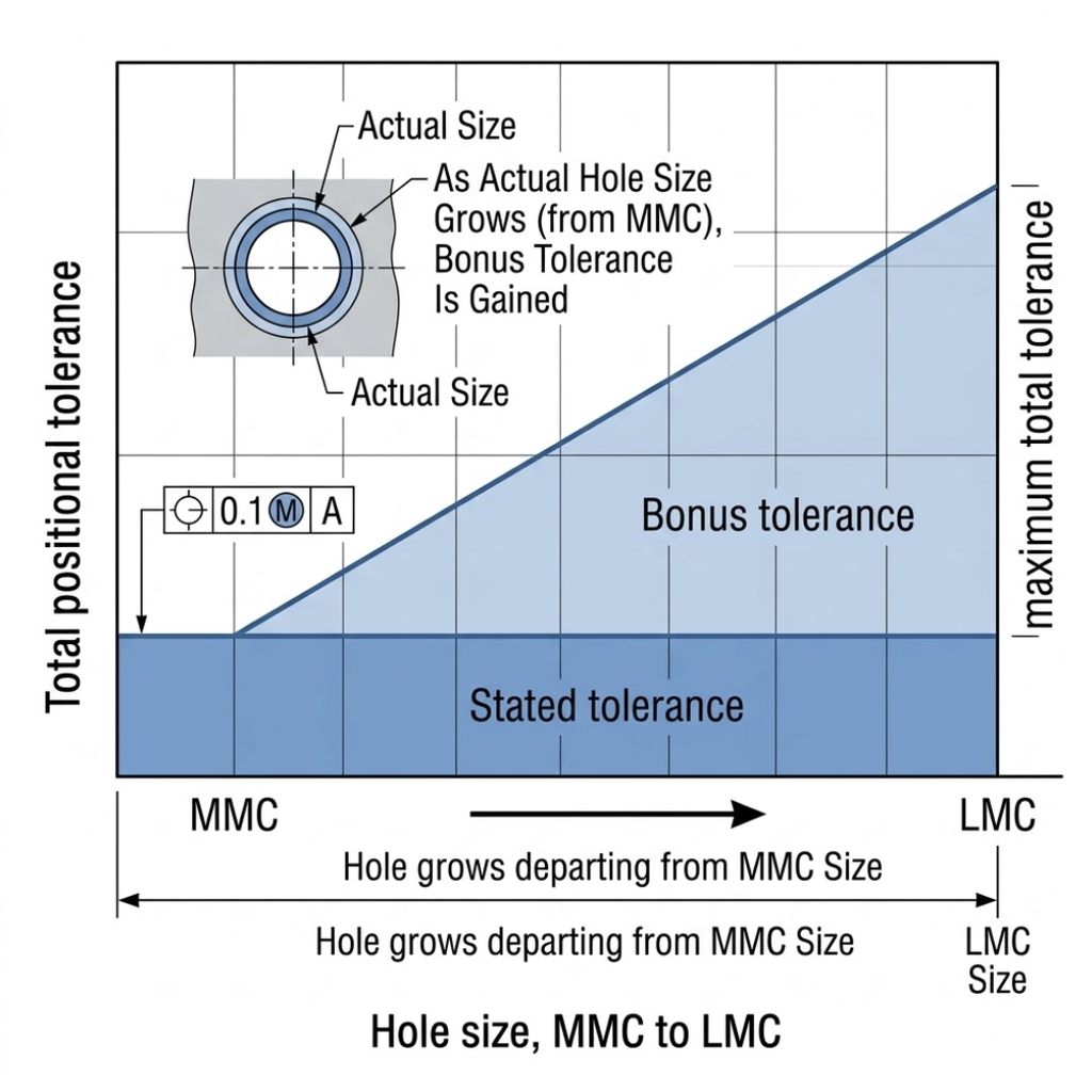 Line chart showing total positional tolerance rising linearly from MMC to LMC as bonus tolerance accumulates.