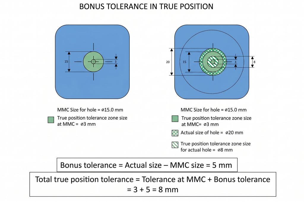 Diagram comparing a hole at MMC size with a Ø3 mm true position tolerance zone against the same hole machined oversized with an expanded Ø8 mm tolerance zone.
