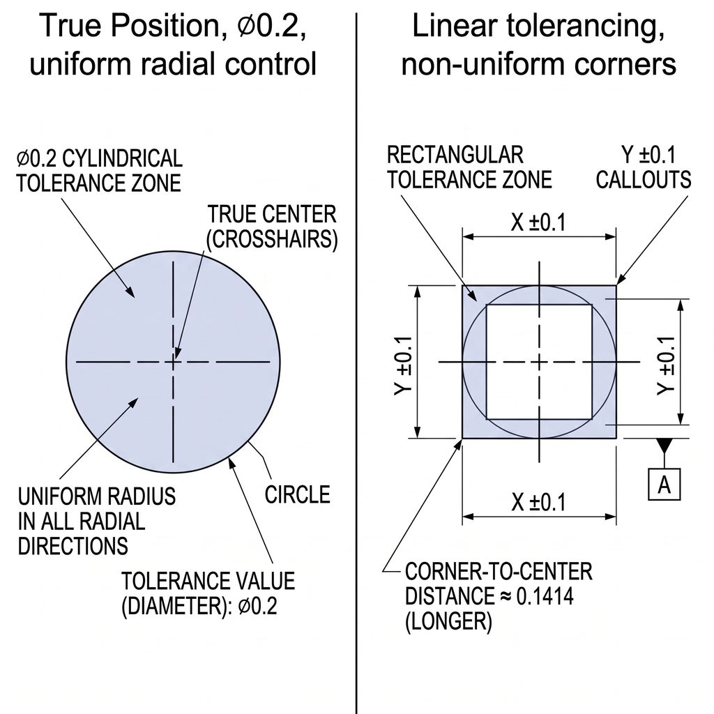 Diagram comparing a uniform circular true position tolerance zone against a non-uniform rectangular linear tolerancing zone with the same nominal deviation.