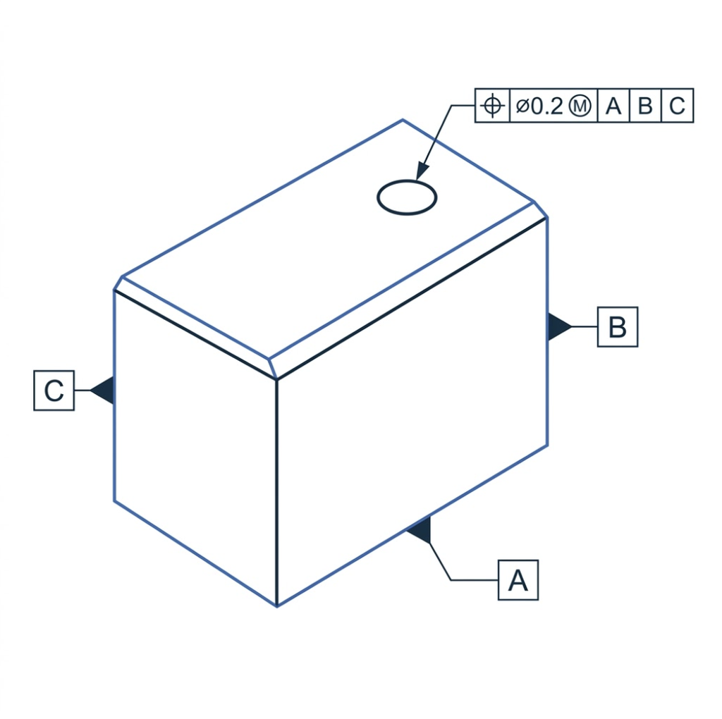 Isometric diagram of a true position feature control frame with Ø0.2 tolerance at MMC, referencing three datums A, B, and C on a rectangular part.