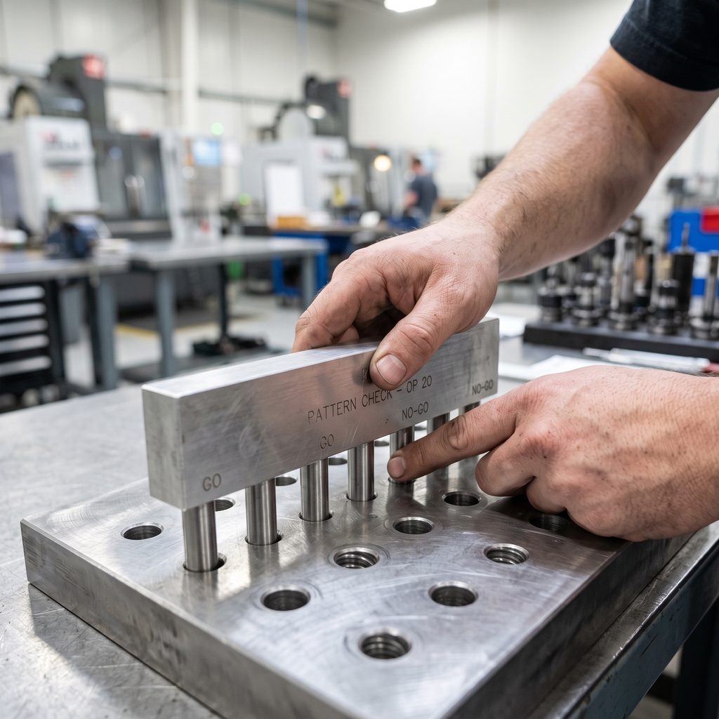 Machinist using a go/no-go functional gauge with labeled pins to check a hole pattern's true position on a machined plate.