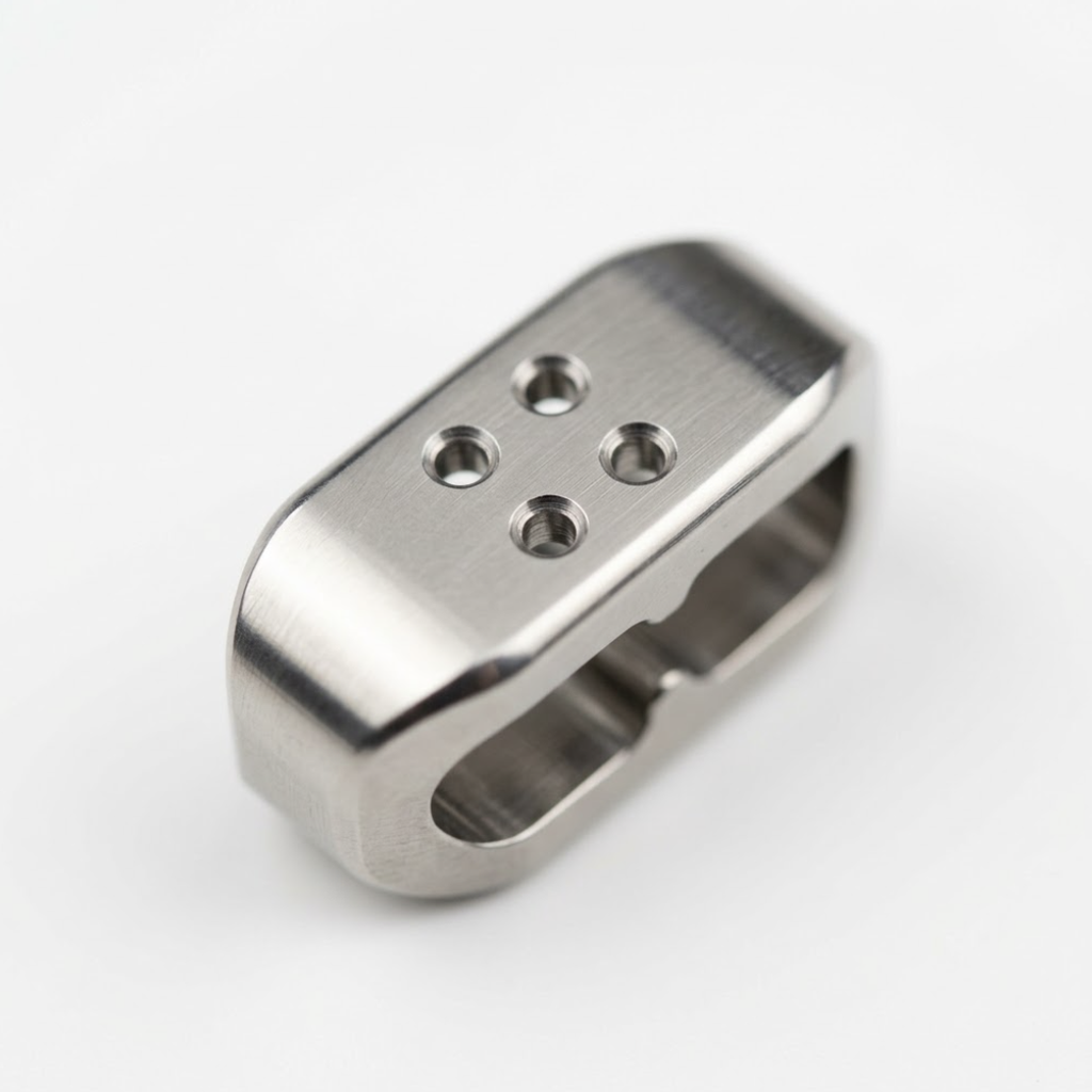 Precision machined bracket with four threaded holes and a slot, illustrating features of size controlled by true position.