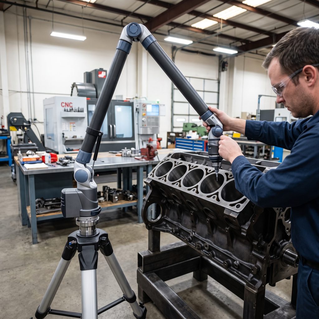 Technician using a portable measuring arm to inspect an engine block too large for a fixed coordinate measuring machine.