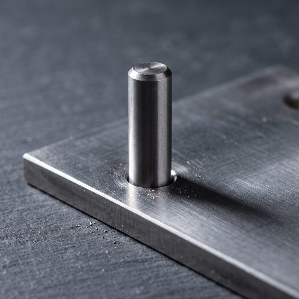 Precision dowel pin standing upright in a drilled hole on a machined steel plate, illustrating axis perpendicularity.