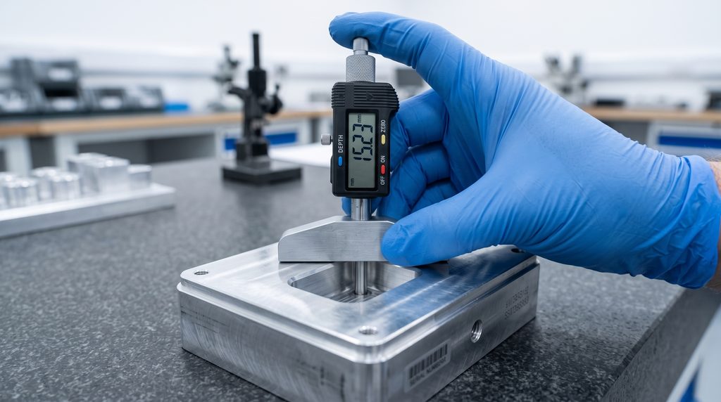 Depth micrometer measuring a machined pocket's depth on an aluminum part during quality inspection.