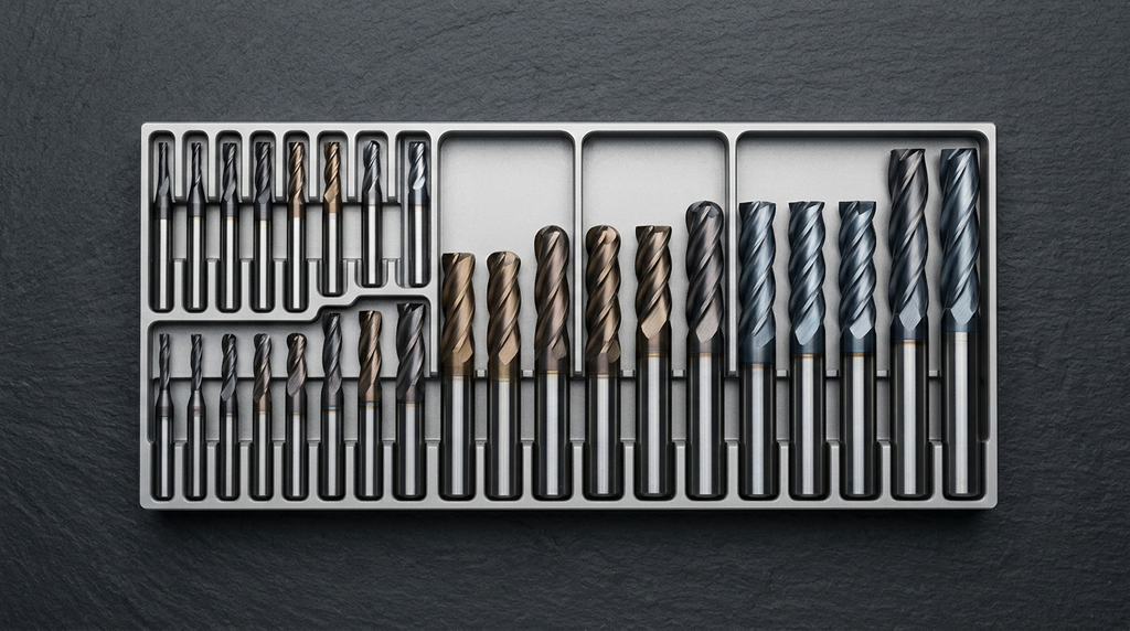 Overhead view of a tool tray with carbide end mills of varying diameters and flute counts.