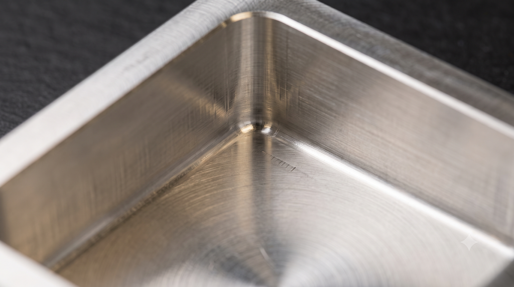 Close-up of a machined aluminum pocket corner with a small fillet radius at the floor edge.