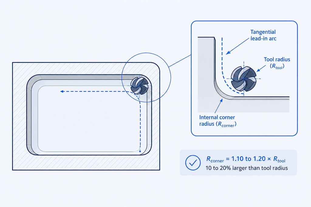 Diagram showing an internal corner radius sized 10 to 20 percent larger than the tool radius, with a tangential lead-in arc.