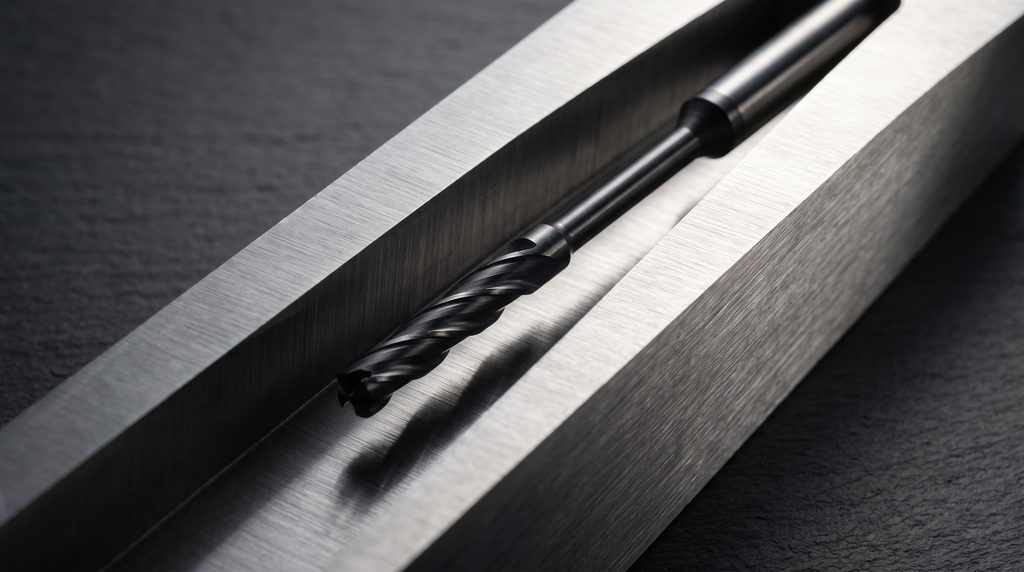 Long-reach carbide end mill cutting deep into a narrow pocket in a steel block.