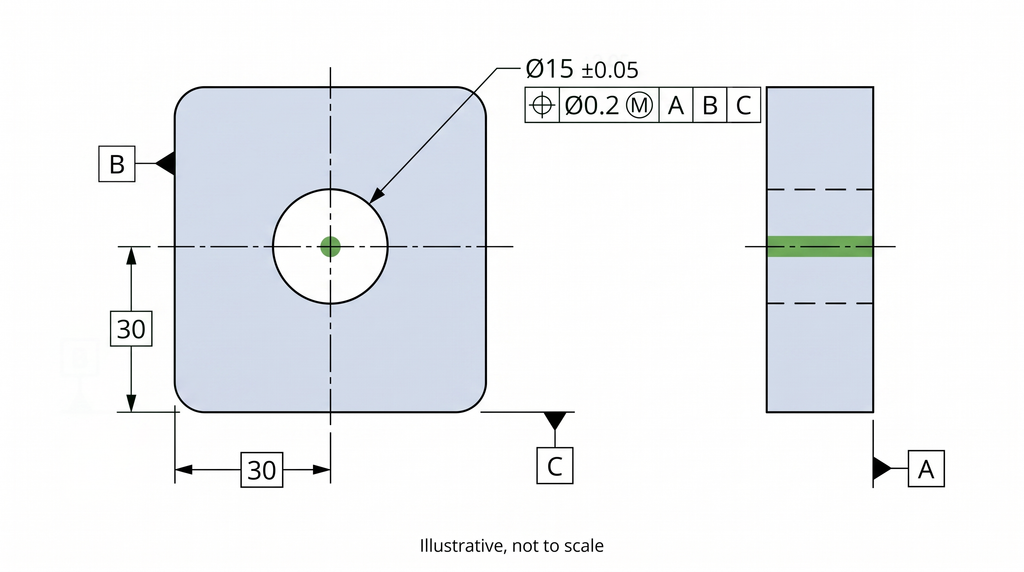 Diagram of a true position feature control frame with Ø0.2 tolerance at MMC, referencing three datums A, B, and C.